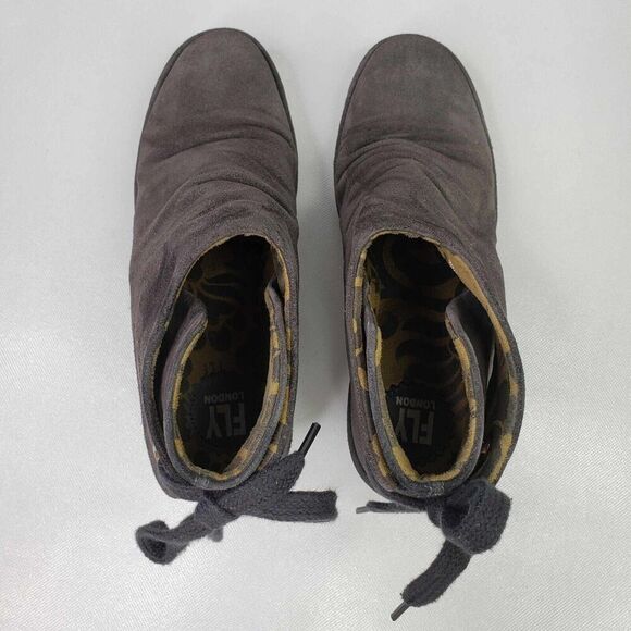 FLY London Suede Ruched Ankle Boots with Tie Detail Gray Women's Size 8 Wedge - Picture 6 of 9